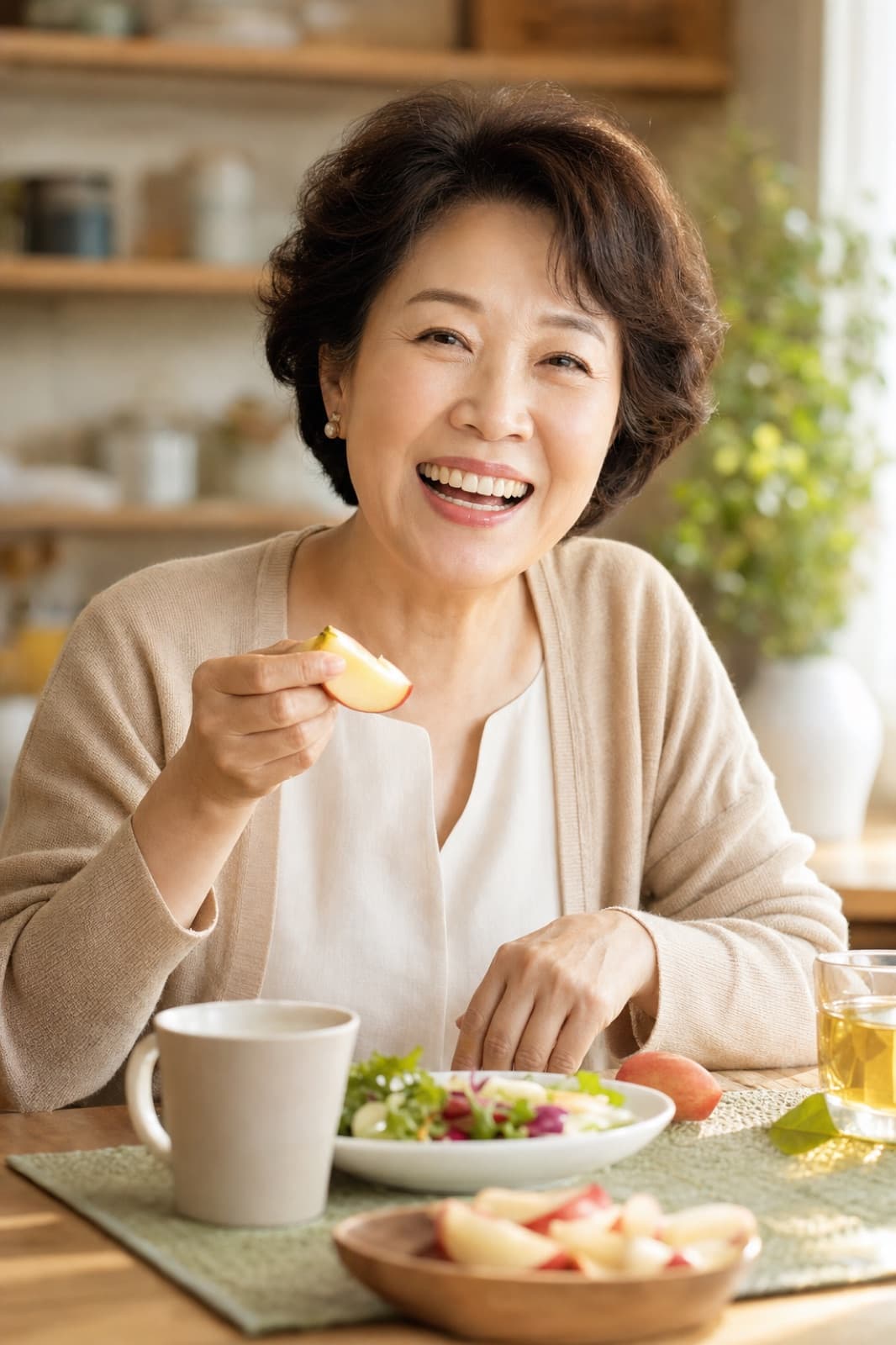 음식을 맛있게 먹으며 밝게 웃는 중년 여성
